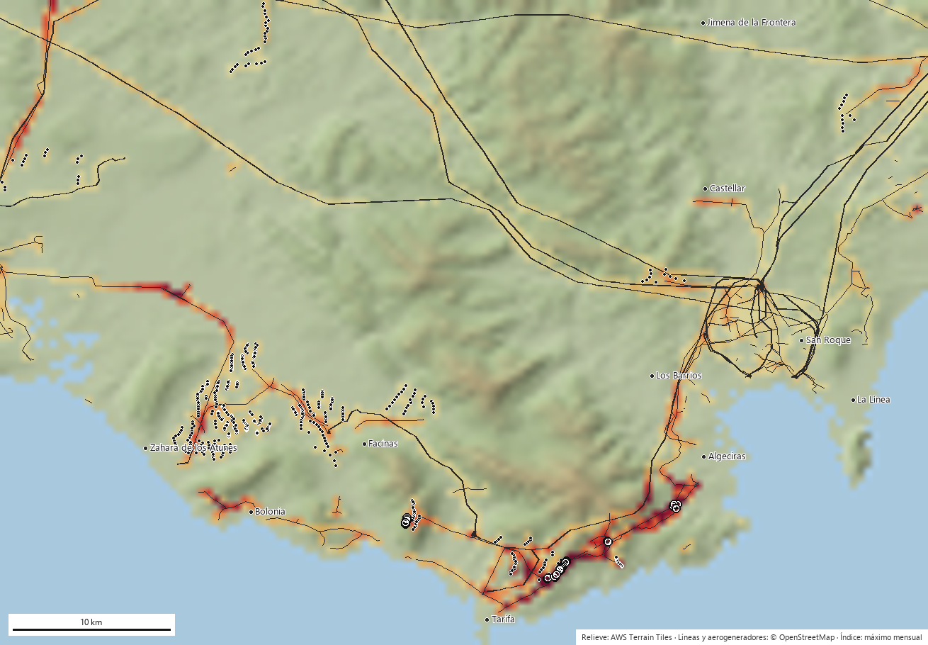Índice anual de riesgo en el Estrecho de Gibraltar sobre un mapa de relieve sombreado